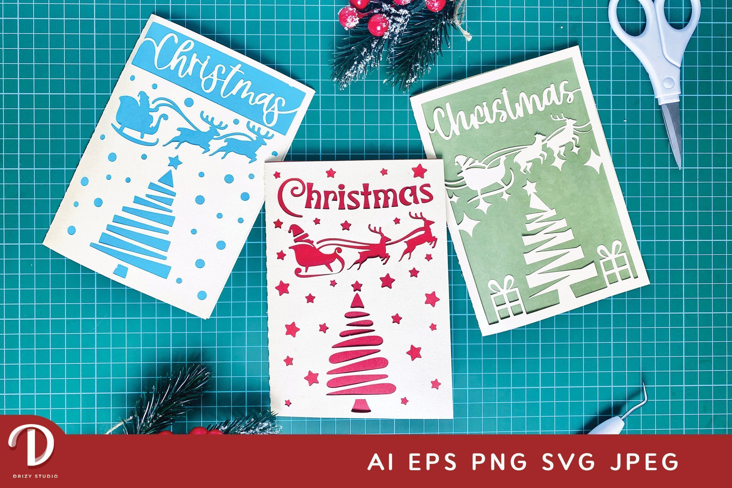 Christmas Card with Flying Santa Sleigh Set of 3 | Drizy Craft